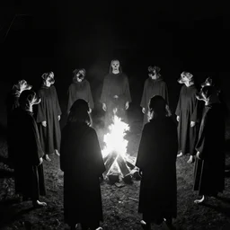 creepy grainy found footage horror photo of a group of dogs in black robes standing in a circle around a fire at night. black and white, grainy, evil, unsettling, terrifying