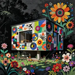 ( ( gediminas pranckevicius ) ) house by kengo kuma, art by syd mead, malevich, very coherent, sharp, colorful high contrast, dark shadows, hard lighting, floralpunk flower garden, inking etching screen print paper cutout collage hd, 8 k hyper detailed, octane render