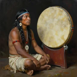a realistic painting of indigenous man sitting next to a shamanic drum, highly detailed, matte painting, fantasy art, ayahuasca