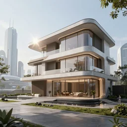 a futuristic modern mansion with a futuristic city in the backround. daylight. sunlight. lens flare. light fixtures. 8 k. detailed. photorealism. artstation. 2 5 mm f / 1. 7 asph lens. ultra realistic