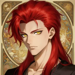 portrait of hisoka morow hunter hunter, male, sharp jaw yellow eyes narrow sultry eyes red hair soft bunched hair swept back crimson medium length hair, anime, fantasy, intricate, elegant, highly detailed, digital painting, artstation sharp focus, vaguely david bowie inspired art by artgerm and greg rutkowski and alphonse mucha