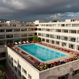 Unité d’Habitation, Rooftop, Marseilles, ‘Cité Radieuse’ of Le Corbusier, swimming pool in centre and flower bed edging