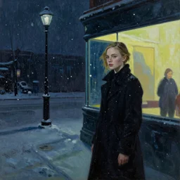 Elle Fanning stalking her prey at night in the world of Edward Hopper, stormy snowy weather, streetlights, extremely detailed masterpiece, oil on canvas, low-key neon lighting, artstation, Blade Runner 2049, Roger Deakin’s cinematography, by Tomer Hanuka and Peter Paul Rubens,