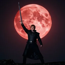 high fantasy elton john raising a sword before a red moon