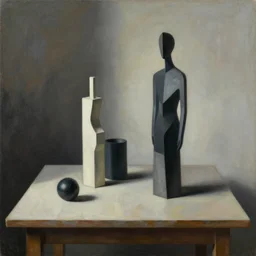 minimal in the style of ivon hitchins and john craxton. still life on a table. studio lighting. drawing on painting, brush marks. expressive abstracted figures. ai