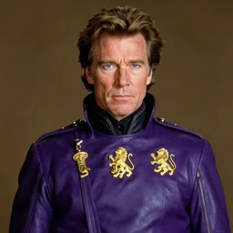 Color photograph of Christopher Walken as Emperor Shaddam IV in Dune, wearing ornate purple regal leather uniform, with golden lion emblems, blue-within-blue eyes
