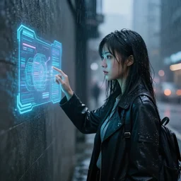 hyperdetailed beautiful girl in the rain interacting with a holographic interface on a wall in a future cyber punk style city trending on cgsociety