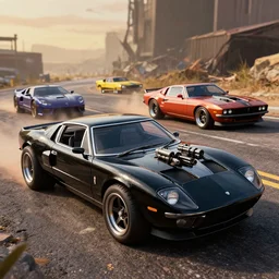 3 5 mm low angle photo mad max combat custom concept black 1 9 7 3 ford falcon gt hot rod on a deserted post apocalyptic road, hood mounted machine guns, gta 5, rocket league, hyper detailed, rocket league, smooth, high contrast, volumetric lighting, octane, george miller, vibrant rich deep color, comic book