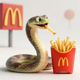 a very detailed 3d rendered snake eating  french fries in a mc donalds commercial, 4k sharp, 3d render , cinema4d by Beeple and pixar