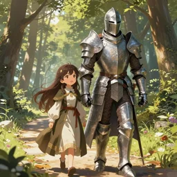 a cute sorceress with long brunette hair, and a tall knight in full metal armor, travel down a forest path together in the sunny afternoon. fantasy anime, digital painting by WLOP
