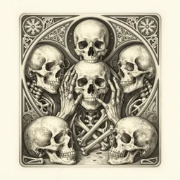 by yoshitaka amano, detailed realistic etching, memento mori, gothic, skulls, bones, art nouveau, neogothic, horizontal symmetry