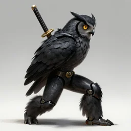 Tekken 4 fighter anime Stunning Portrait right side profile Robot Owl with feathers all over its body, short black feathers with a samurai sword on its back, in a fighting stance, digital painting, artstation, concept art, soft light, hdri, smooth, sharp focus, illustration, art by tian zi, craig mullins, Mark Arian, WLOP, alphonse mucha