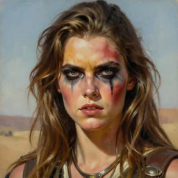 portrait of a young 1 9 8 0 s shelley duvall as a threatening evil warlord character with facepaint in mad max 2 : the road warrior, film still, detailed realism face in painting, detailed beautiful portrait, oil painting masterpiece, 8 k resolution, smooth, sharp focus, trending on artstation, by rembrandt