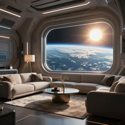futuristic interior design, living room in a spaceship with a window facing earth and the sun, photorealistic, ultra-detailed, 4k high resolution, HDR shot, cinematic lighting