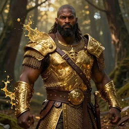 portrait, a beautiful dark skinned dungeons and dragons barbarian wearing golden chain mail, in the forest, dramatic lighting, strong broad robust figure, by donato giancola and thomas kinkade, smooth, intricate, highly detailed, golden hour, splash art, high fantasy