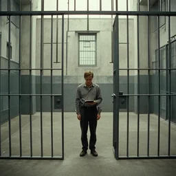 a man building a prison to hold himself, film still from the movie directed by wes anderson with art direction by zdzisław beksinski and m. c. escher, wide lens