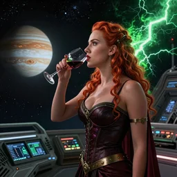 a highly detailed matte painting of scarlett johansson as a red haired vampire martian princess, drinking wine, standing in a space station and looking at jupiter, sci fi and fantasy, viewed in profile from far away, crackling green lightning, ultrawide lens, art by artgerm and greg rutkowski and alphonse mucha, volumetric lighting, octane render, 4 k resolution, trending on artstation, masterpiece