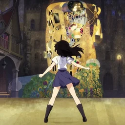 anime frames, anime visual, full body portrait of a young woman in the medieval city square looking at the fantasy palace in the distance, cute face by ilya kuvshinov, alphonse mucha flat, dynamic pose, dynamic perspective, rounded eyes, moody, psycho pass, kyoani, klimt, yoh yoshinari