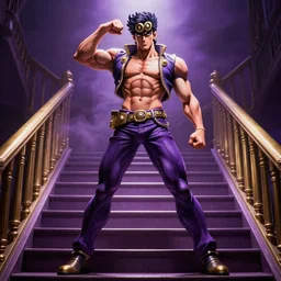 DIO fron Jojo standing menacingly atop a flight of stairs, shitless, muscled body, exaggerated pose,  dramatic rim lighting, highly detailed, sharp, smoke, vignette effect, purple and gold color scheme