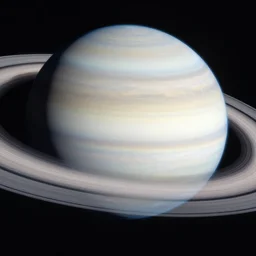 a gas planet white grey and light blue with many rings at different heights