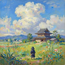 tiny samurai in front of a futuristic japanese country side landscape, edo era house in the background, blue sky, magnificient clouds, lofi vibe, vivide colors, amazing light, really beautiful nature, oil painting, impressionist style, by claude monet, by ghibli, by kandinsky, multiple brush strokes, masterpiece