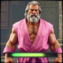 an old muscular man, grey hair, long beard, wearing pink robes, gta 5 loading screen, art by stephen bliss, no text