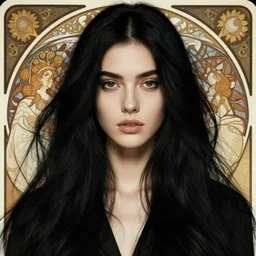 portrait of a tall 4 0 - year - old woman with thin lips, long, lush unkempt black hair, and thick eyebrows, wearing in black clothes, hyper realistic face, beautiful eyes, close up, fantasy art, in the style of greg rutkowski, intricate, alphonse mucha, hyper detailed, smooth
