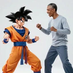 a vibrant photograph of a cosplay of Goku from Dragon Ball Z fighting Barack Obama, the president of the United States, wide shot, outdoors, studio photographic, dramatic backlighting