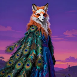 a photorealistic portrait of a humanoid character, long fluffy fox fur and ears, wearing a painted fox skull mask, clothes themed on a peacock mage with 9 feathered tails trailing behind like the train of a dress, painting by jeff easley, stylized, neon, vhs, 8 0 s, dnd beyond, chromal aberration, fae wilds sky