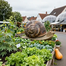 coburg farmer's market,  with snail-shaped biomimetic architecture, harvesting capsicums, lettuce, silverbeet, hemp, and pumpkin vines, vertical vegetable and fruit gardens, in a village street, with beautiful dome houses in the background XF IQ4, 150MP, 50mm, F1.4, ISO 200, 1/160s, natural light