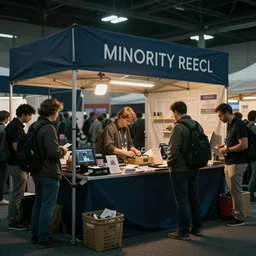 a scene of a market stall at a trade show in the style of the film'minority report'taken from a distance, cinematic, dslr, unreal engine, hyper realistic