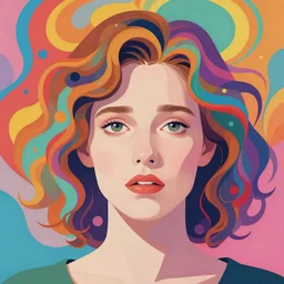 a colorful vibrant antisymmetric closeup portrait of a simple caucasian woman with curly mid length hair with a calm afraid aesthetic face dreamy vibes and dreaming psychedelic hair, by kawase hasui, moebius, edward hopper and james gilleard, zdzislaw beksinski, steven outram colorful flat surreal design, hd, 8 k, artstation