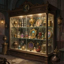 “A fantasy store that has rare magic items  in glass case, Mexican market inspired, arkham horror, lovecraft illustration, D&D, fantasy, intricate, cinematic lighting, highly detailed, digital painting, artstation, concept art, smooth, sharp focus, illustration, art by Artgerm and Greg Rutkowski and Alphonse Mucha”
