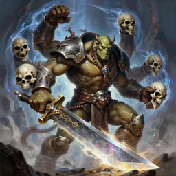 a ultradetailed painting of yidris maelstrom wielder 4 armed orc skulls on waist with large blade being blast by energy, by karl kosinski mc escher gottfried helnwein magic the gathering art, sci fi, futurism, mtg octane rendering, sharp focus