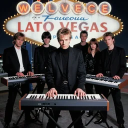 8 0's synthesizer band, anton corbijn, black, white, grey, posed, album cover, las vegas background, human leaque, vangelis, synthesizer, glitter, atmospheric lighting. highly detailed 8 0's style photo.