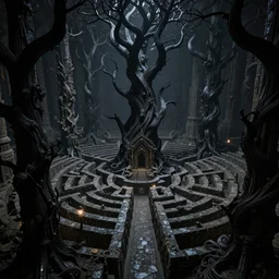 dense dark labyrinth of tall stone and gnarled black trees, night, volumetric lighting, 8 k octane beautifully detailed render, post - processing, extremely hyper - detailed, intricate, epic composition, intricate, trending on artstation, stunning art by anders zorn, wonderful masterpiece by ken kelly