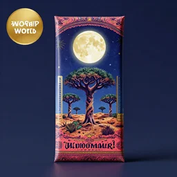 conceptual designer chocolate bar packaging, inspired by moonlit socotra island with dragon trees, midsommar color theme, kerala motifs, label design, behance, pinterest, packaging of the world, award, front label, premium quality, packaging design, octane render