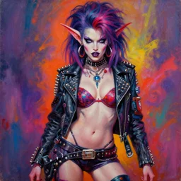 portrait of an apocalyptic demonic goblin witch biker babe character, curvy body, cool pose, psychedelic vibrant colors, futuristic punk rock fashion, oil painting by michael whelan art, sharp focus, realistic, detailed eyes, 8 0 s hairstyle, studded leather jacket, 8 k, artgerm