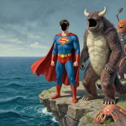 super hero and monsters by the edge of the ocean, by eleanor davis, missing faces filled with outer space realistic, hyperdetailed, 8 k resolution