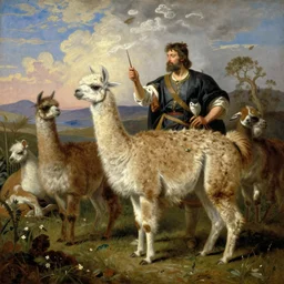 oil painting by thomas cole of the voyage of life but with a llama.