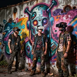 junky men spraying huge graffiti on the wall, cybertronic gadgets and vr helmet, flesh + technology, durty colours, night, rotten textures, rusty shapes, biotechnology, norman rockwell, tim hildebrandt, wayne barlow, bruce pennington, larry elmore, oil on canvas, deep depth field, masterpiece, cinematic composition, hyper - detailed, hd, hdr