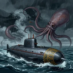 concept art of the submarine Nautilus fighting against the giant squid during a storm in the sea, thunders and rain in background, 2d, dark, omnious, stormy, emotive, ornated, accurate, elaborate, illustration, digital art, concept art, trending on Art Station, art by Oliver Beck and 黄彦捷,