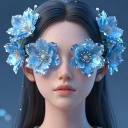 a woman portrait with the eyes covered by flowers blooming in her head, fantasy conceptual art, trending on artstation, 3 d render, hyperdetailed, blue crystal clear colours, 8 k, ultrarealistic