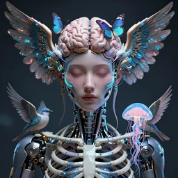 symmetrical centered goddess close-up portrait. artificial intelligence, brain, ribcage, wings of birds, jellyfish butterfly phoenix head. bio-mechanical bio-luminescence, intricate artwork by Tooth Wu and wlop and beeple. octane render, trending on artstation, greg rutkowski very coherent symmetrical artwork. cinematic, hyper realism, high detail, octane render, 8k