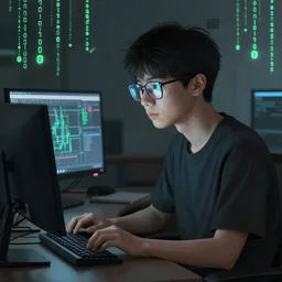a computer geek sitting in front of computer screen, glasses with reflection, matrix aesthetic, highly detailed, digital painting, artstation, concept art, soft light, sharp focus, illustration
