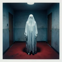 Creepy pale ghost in dirty motel room, red carpet | cyanotype 70's scratched photo | Aesthetics of Silent Hill game