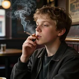 a kid smoking a cigarette in an Irish pub. Photo