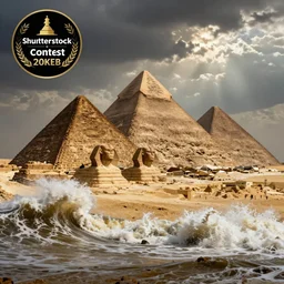 the pyramids of giza in the middle of a massive tsunami wave, a stock photo by jean colombe, shutterstock contest winner, symbolism, stockphoto, stock photo, ominous vibe