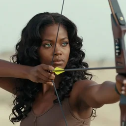 the image is a lost hollywood film still 1 9 9 0 s photograph of a black woman with dark brown skin, long, swirling black hair, and jade colored eyes, practicing archery with loki. vibrant cinematography, anamorphic lenses, crisp, detailed image in 4 k resolution.