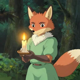 a fox humanoid anime character carrying a candle in his hands, the forest, by studio ghibli
